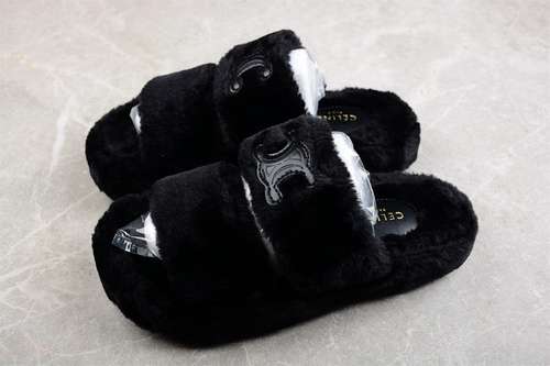 300343553742C29BKCELINE WOOLEN LEATHER SLIPPERS BLACKBLACKWHITEWOMAN3540
