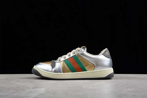 480GUCCI DISTRESSED SCREENER SNEAKER SILVERGOLDGREENREDWOMAN3539