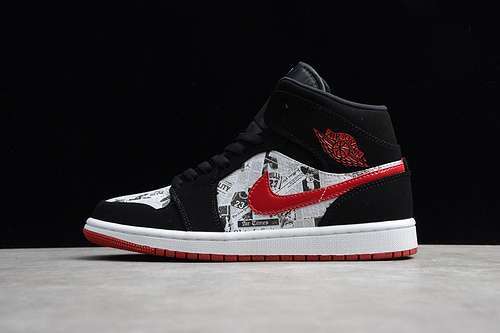 【340】[852542-061]-[GZ AIR JORDAN 1 MID SE NEWSPAPER BLACK/WHITE/RED]-[UNISEX:36-47.5]