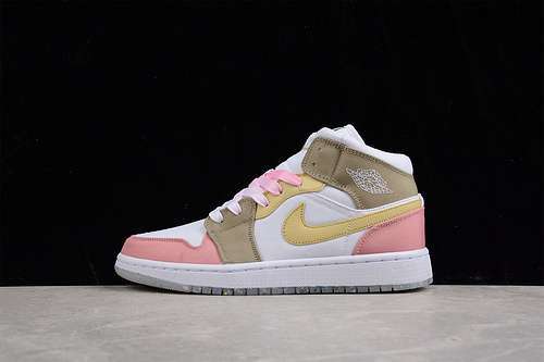 【340】[DJ0338-100]-[AIR JORDAN 1 MID SE GS PINK/WHITE/MOCHA/YELLOW]-[WOMAN:36-39]-[MAN:40-46]