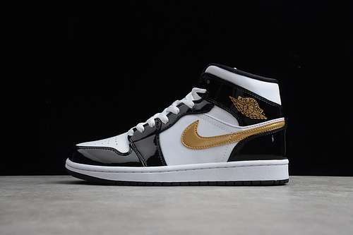 【360】[852542-007]-[AIR JORDAN 1 MID PATENT LEATHER SE BLACK/METALLIC GOLD-WHITE]-[MAN:40-46]