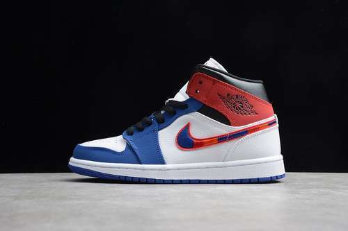 【340】[852542-146]-[GZ AIR JORDAN 1 MID SWOOSH WHITE/GAME ROYAL-GYM RED-BLACK]-[UNISEX:36-47]