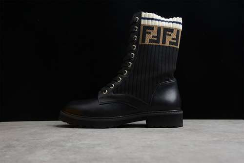 【480】[18269-3F114-003]-[FEN*DI KNITTED ELASTIC MARTIN BOOTS BLACK/BROWN/WHITE]-[WOMAN:35-40]