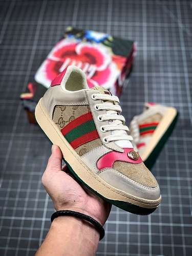 【360】[GU*CCI DISTRESSED LEATHER SNEAKER LIGHT KHAKI/GREEN/RED]-[UNISEX:35-44]