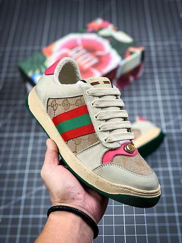 【420】[GU*CCI DISTRESSED LEATHER SNEAKER BEIGE/RED/GREEN-PINK]-[WOMAN:35-40]