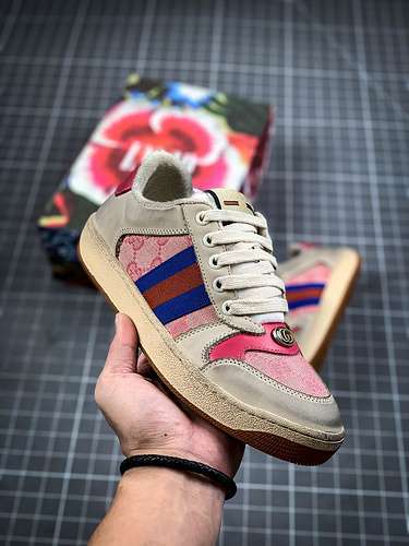 【360】[GU*CCI DISTRESSED LEATHER SNEAKER LIGHT GREY/BLUE/RED]-[UNISEX:35-44]