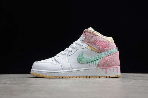【380】[DD1666-100]-[CJ AIR JORDAN 1 MID SE GS PAINT DRIP WHITE/ARCTIC PUNCH/PALE VANILLA/GREEN GLOW]