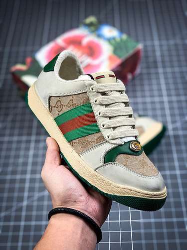 【420】[GU*CCI DISTRESSED LEATHER SNEAKER BEIGE/RED/GREEN]-[WOMAN:35-39]-[MAN:40-44]