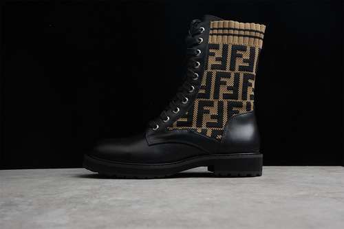 【480】[18269-3F114-003]-[FEN*DI KNITTED ELASTIC MARTIN BOOTS BLACK/BLACK/BROWN]-[WOMAN:35-40]