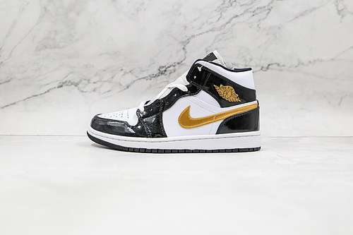 【340】[852542-007]-[AIR JORDAN 1 MID PATENT BLACK/WHITE-METALLIC GOLD]-[WOMAN:36-39]-[MAN:40-46]