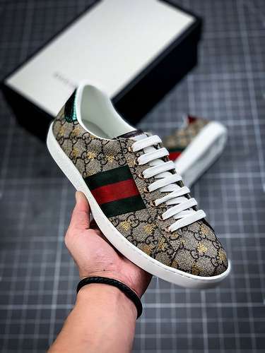 【450】[GU*CCI ACE EMBROIDERED LOW-TOP DARK KHAKI/NAVY BLUE/RED-WHITE]-[UNISEX:35-44]