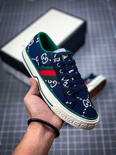 【450】[GU*CCI TENNIS 1977 PRINT SNEAKER NAVY BLUE/WHITE/GREEN]-[WOMAN:35-40]